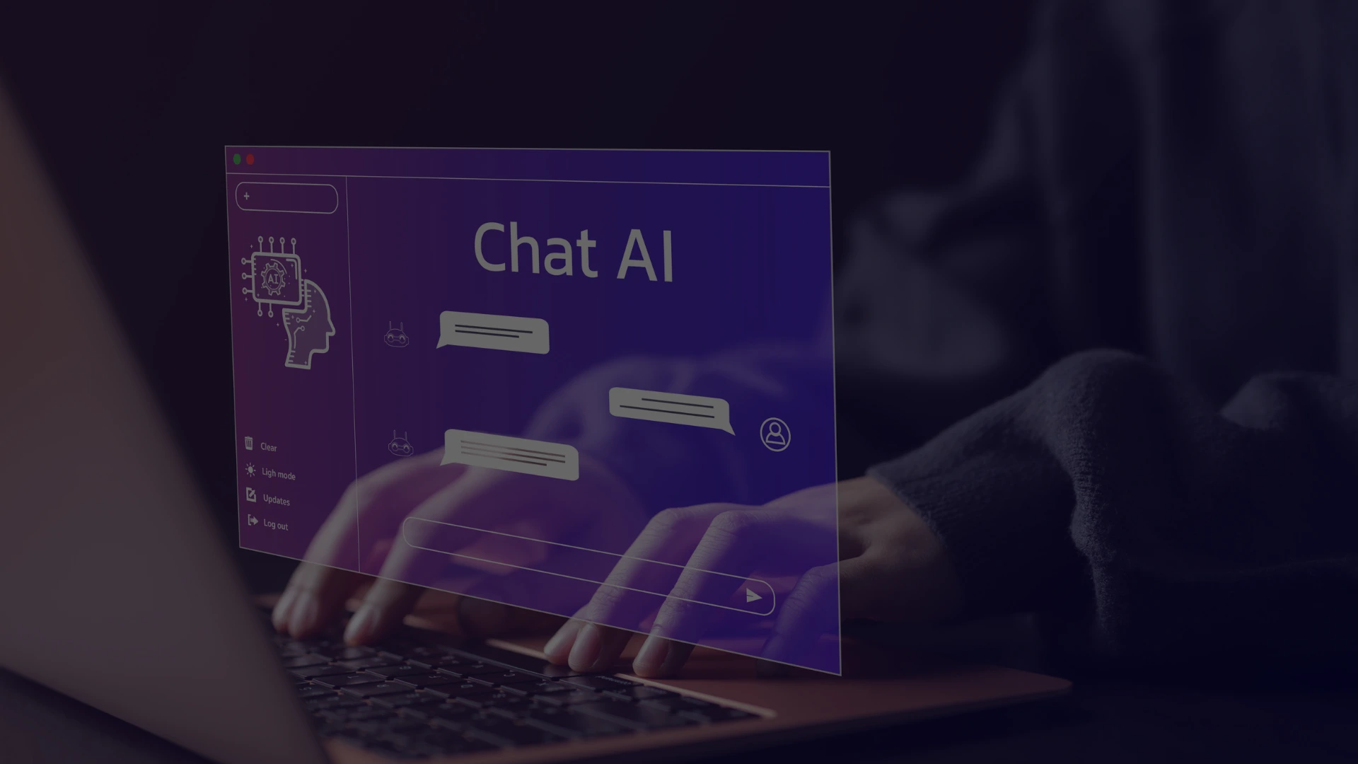 teclando no notebook e escrito "chat AI" na tela para representar Chatbots
